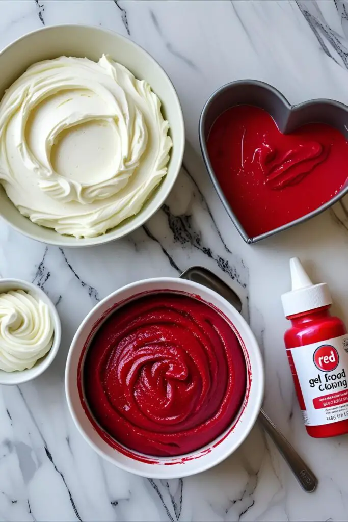 A collage of ingredients for making a red heart cake, including red batter, white frosting, and a heart pan.
