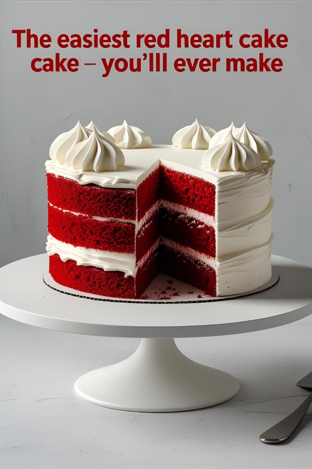 A collage of ingredients for making a red heart cake, including red batter, white frosting, and a heart pan.