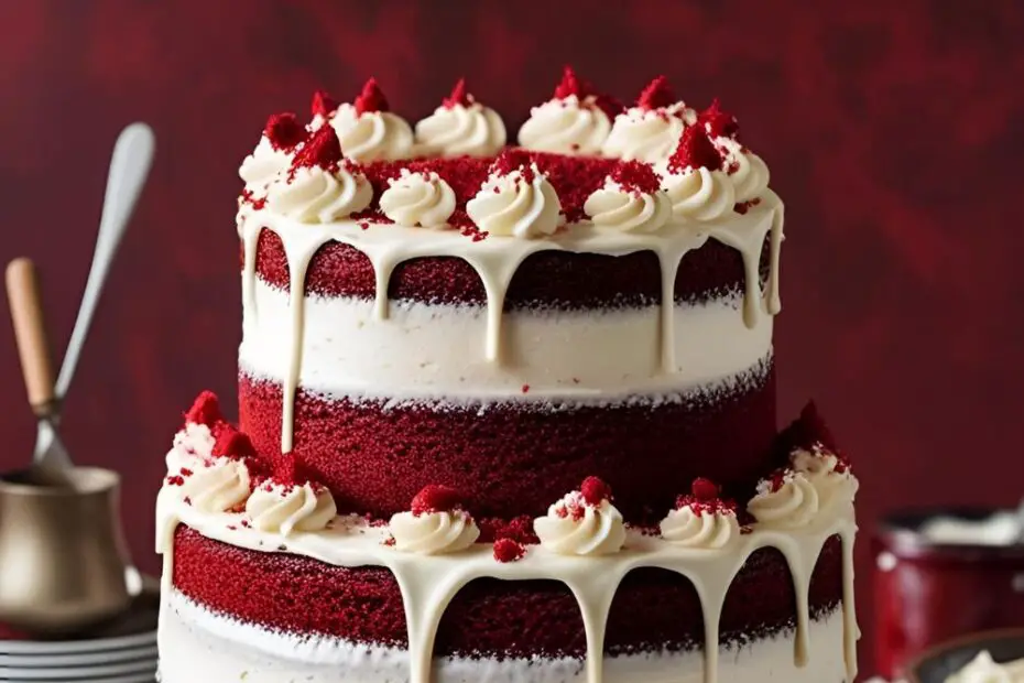 Red velvet cake with cream cheese frosting on a cake stand