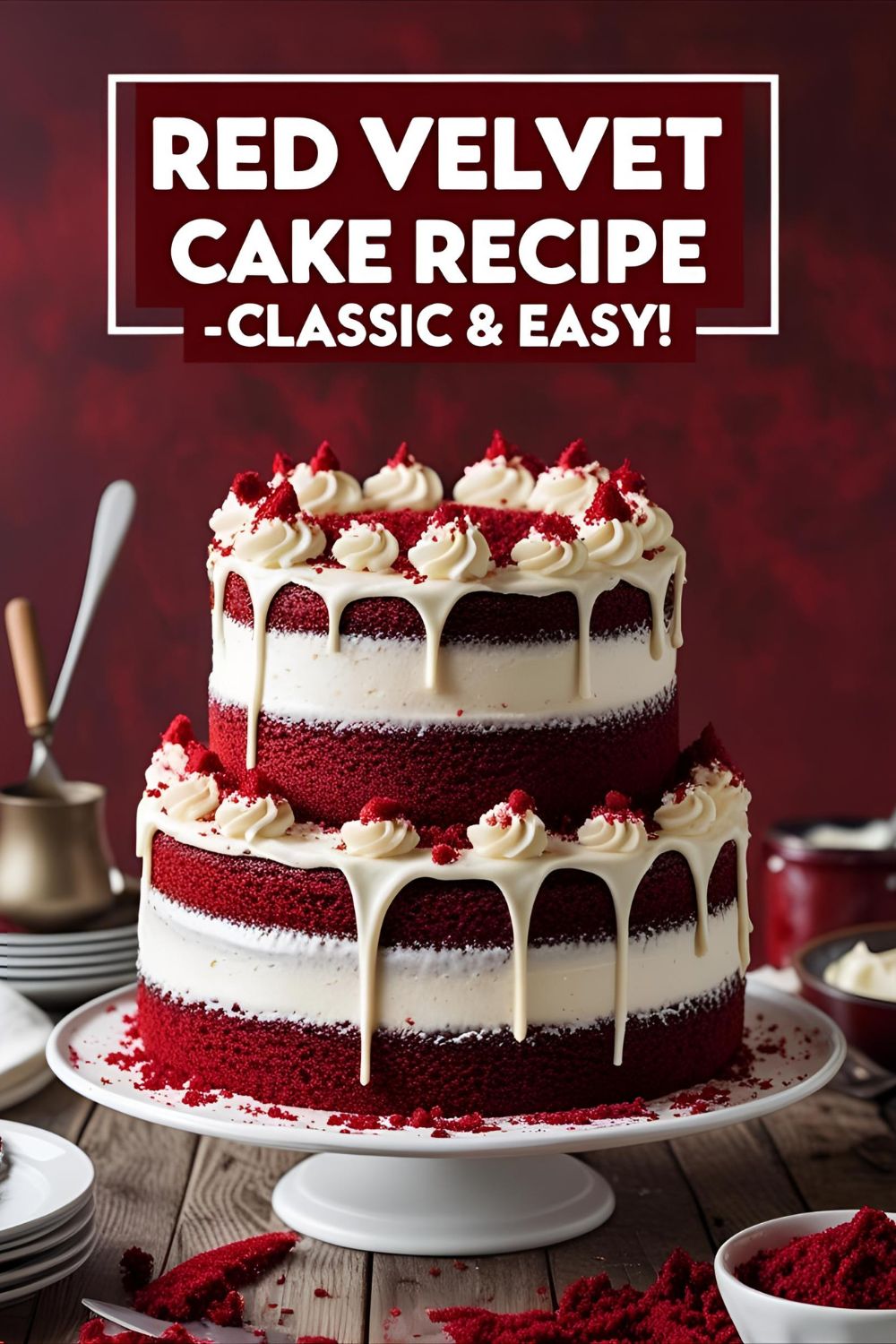 Red velvet cake with cream cheese frosting on a cake stand