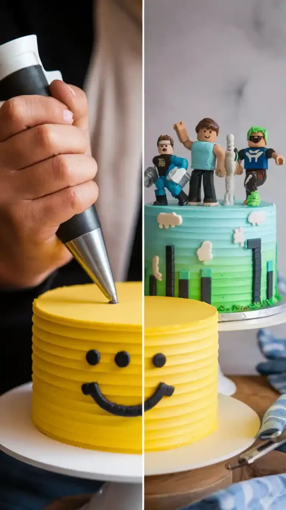 Two images showing the process of piping the face on a Roblox cake and a finished cake decorated with toy toppers.
