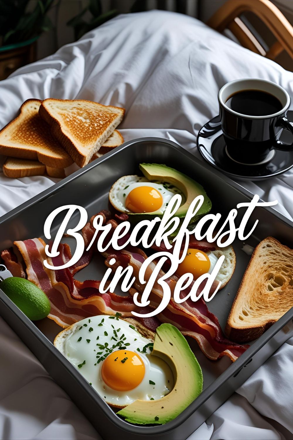 Elegant breakfast tray with eggs, avocado, bacon, toast, and coffee.
