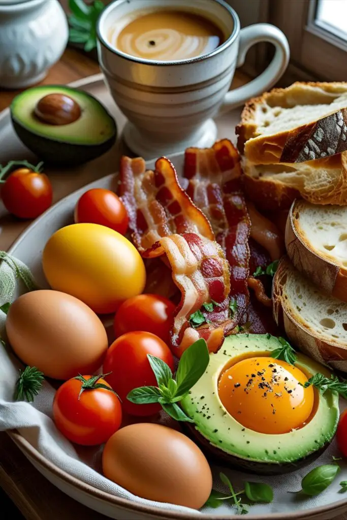 Close-up of breakfast tray with eggs, toast, and bacon with coffee.