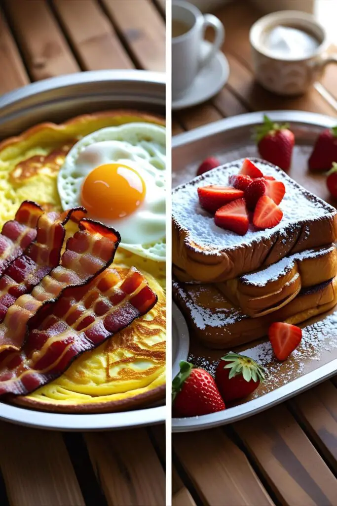 Two breakfast trays side by side: savory and sweet versions, close-up.