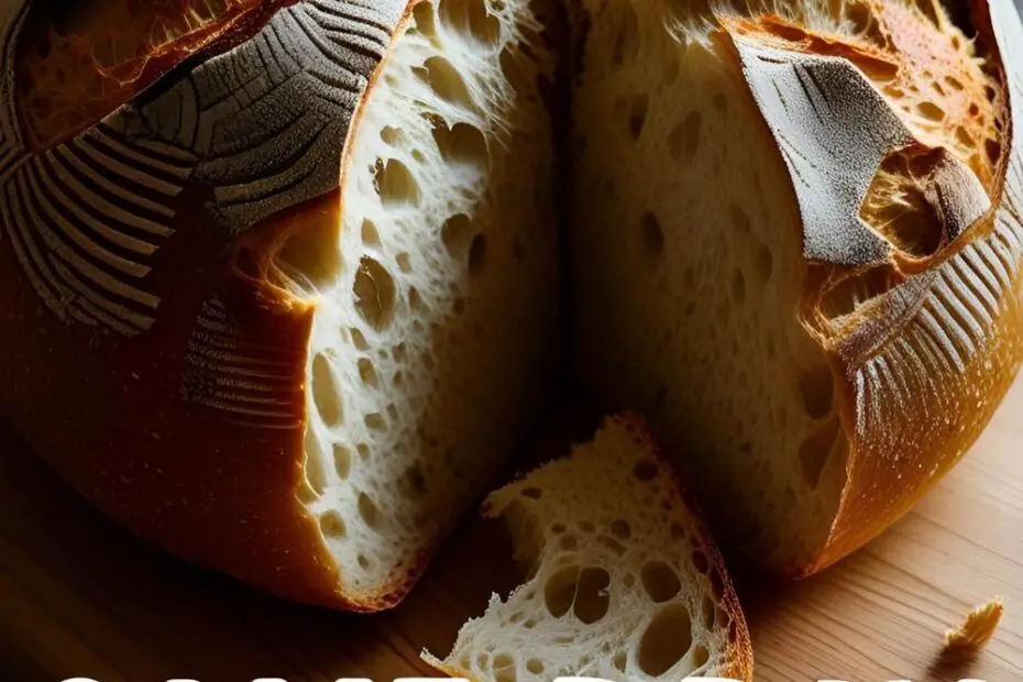 Crusty sourdough boule sliced to reveal airy crumb.