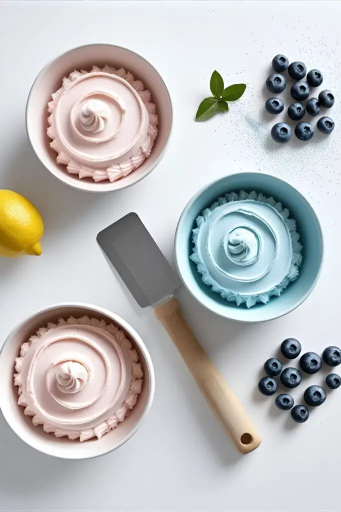  A collage of ingredients for a Going Seventeen cake, including pink and blue frosting, lemon, and blueberries.