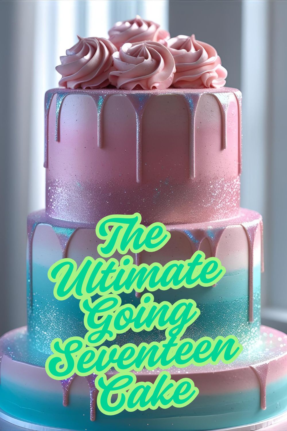 An aesthetic pink and blue watercolor cake with the text overlay "The Ultimate Going Seventeen Cake".