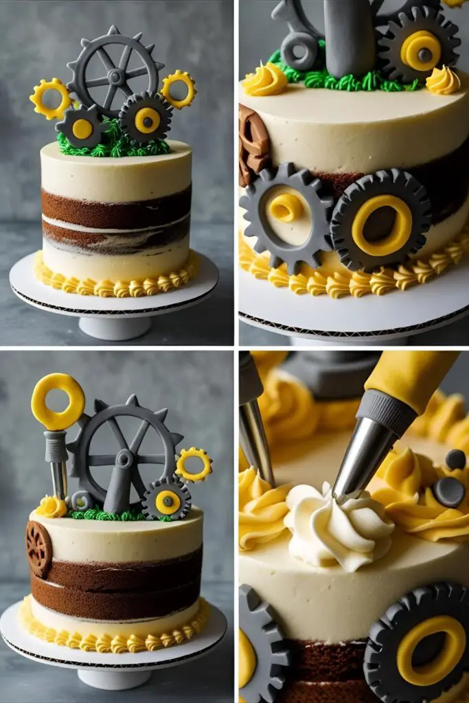 Close-up of masculine cake with metallic dust and fondant tools