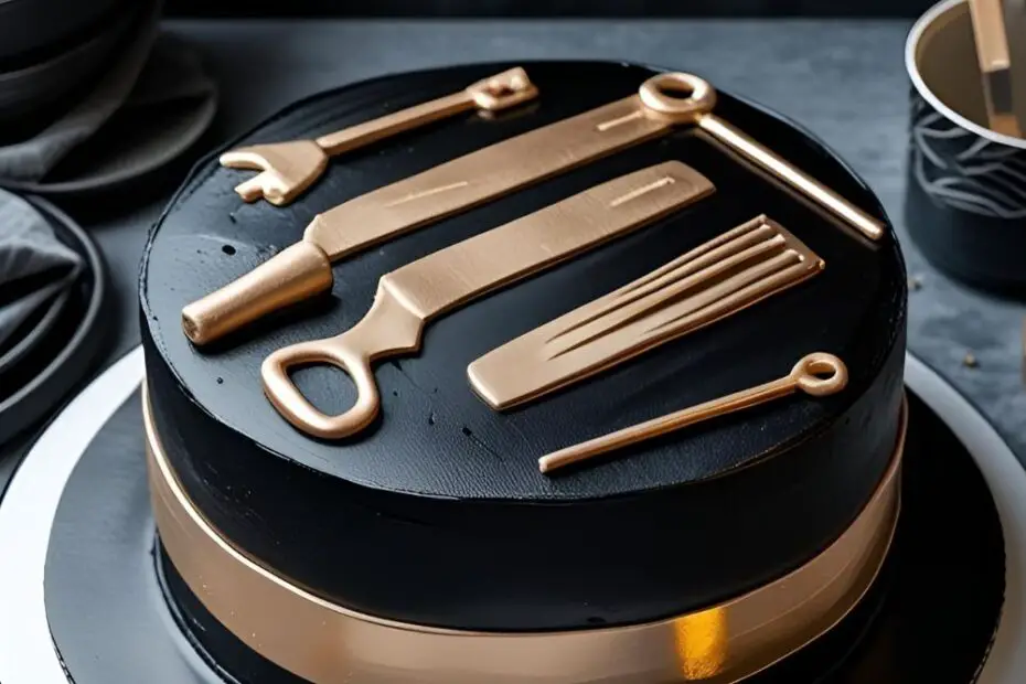 Round black cake with fondant tools and metallic stripes