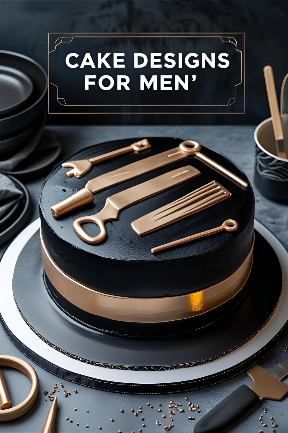 Round black cake with fondant tools and metallic stripes
