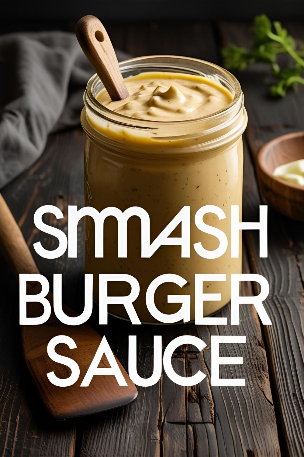 Jar of creamy smash burger sauce with spoon on rustic board