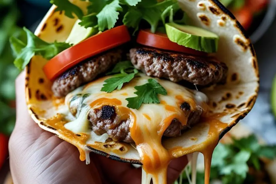 Hand holding a crispy smash burger taco with melted cheese and fresh toppings