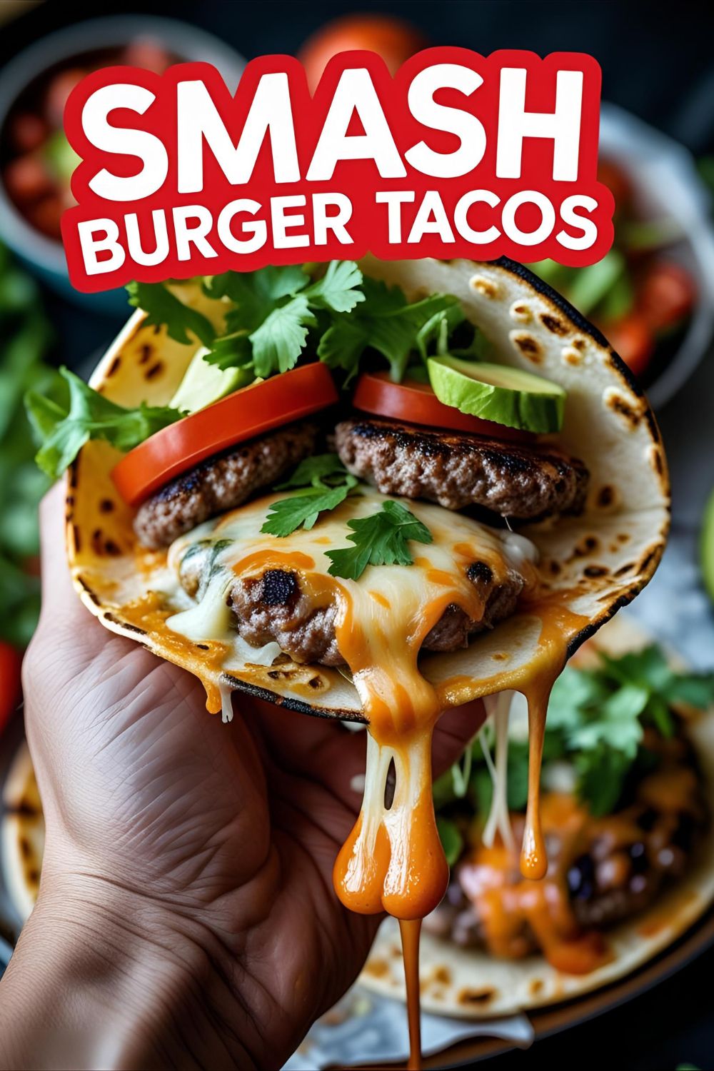 Hand holding a crispy smash burger taco with melted cheese and fresh toppings