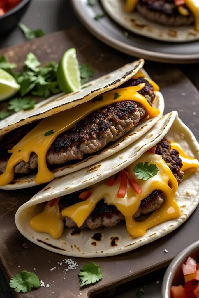Close-up of two smash burger tacos on plate with toppings and cheese pull