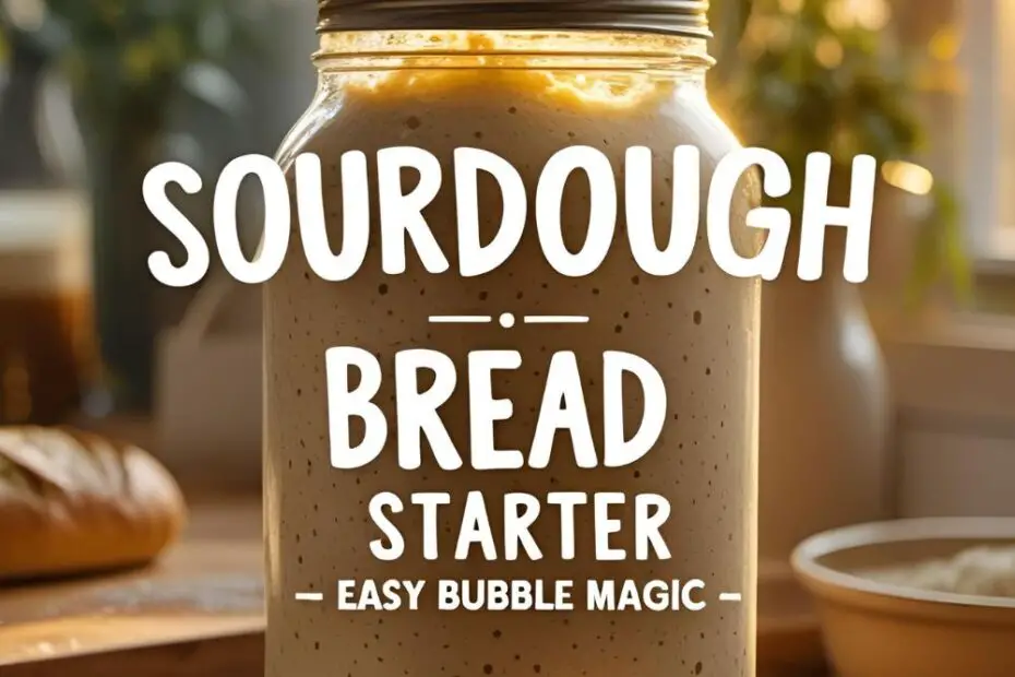 Glass jar filled with bubbly sourdough starter on a kitchen counter.