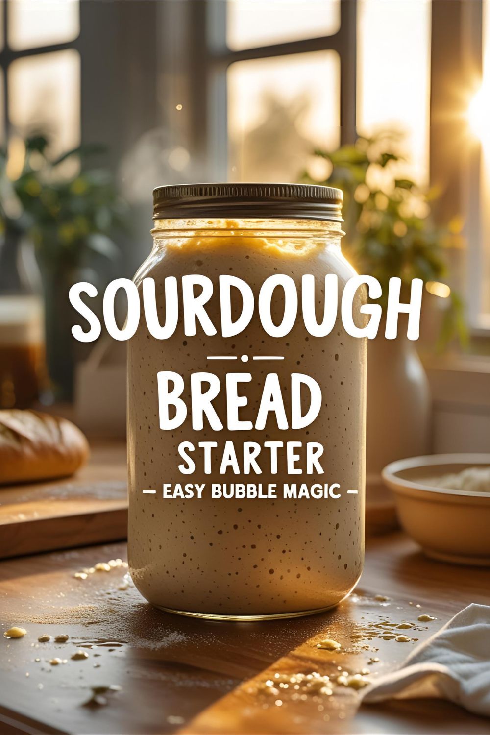 Glass jar filled with bubbly sourdough starter on a kitchen counter.