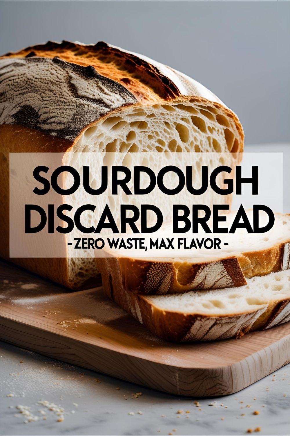 Sliced sourdough discard bread showing golden crust and airy crumb.