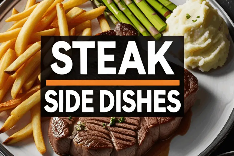 Steak dinner plate with fries, asparagus and mashed potatoes