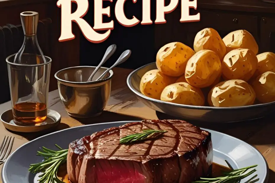 Medium-rare steak with roasted potatoes on plate garnished with herbs