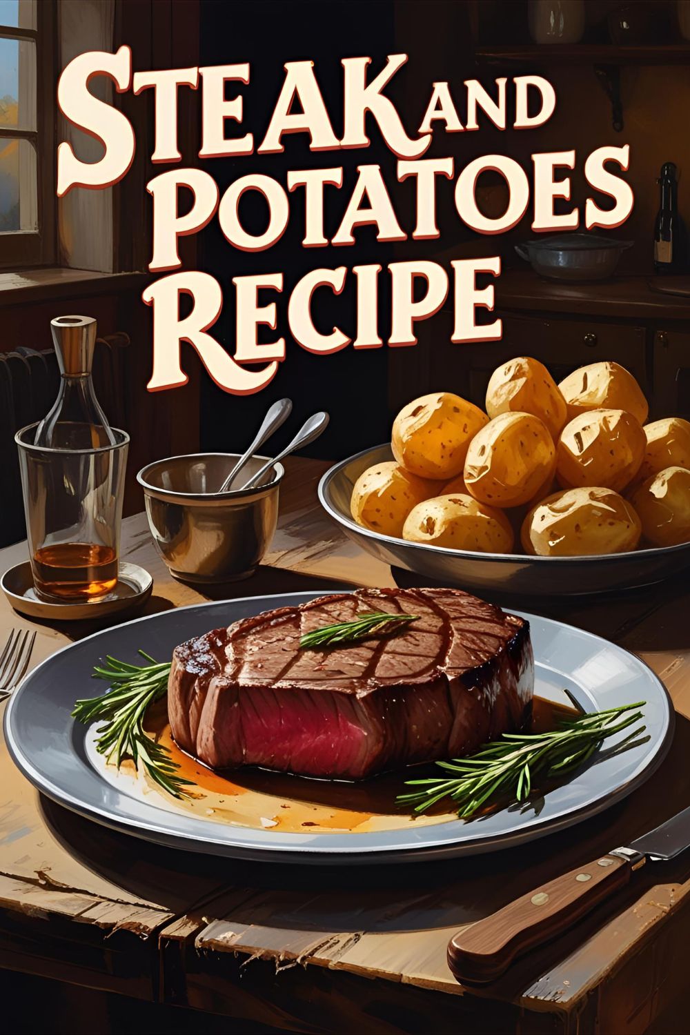 Medium-rare steak with roasted potatoes on plate garnished with herbs