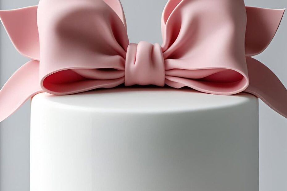 An elegant white cake with a large pink fondant bow and the text overlay "The Bow Cake Design You CAN Master".
