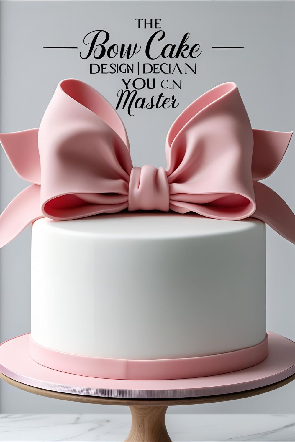 An elegant white cake with a large pink fondant bow and the text overlay "The Bow Cake Design You CAN Master".