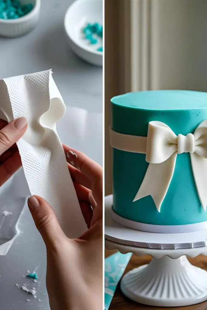 Two images showing the process of making a fondant bow loop and a finished Tiffany-style bow cake design.