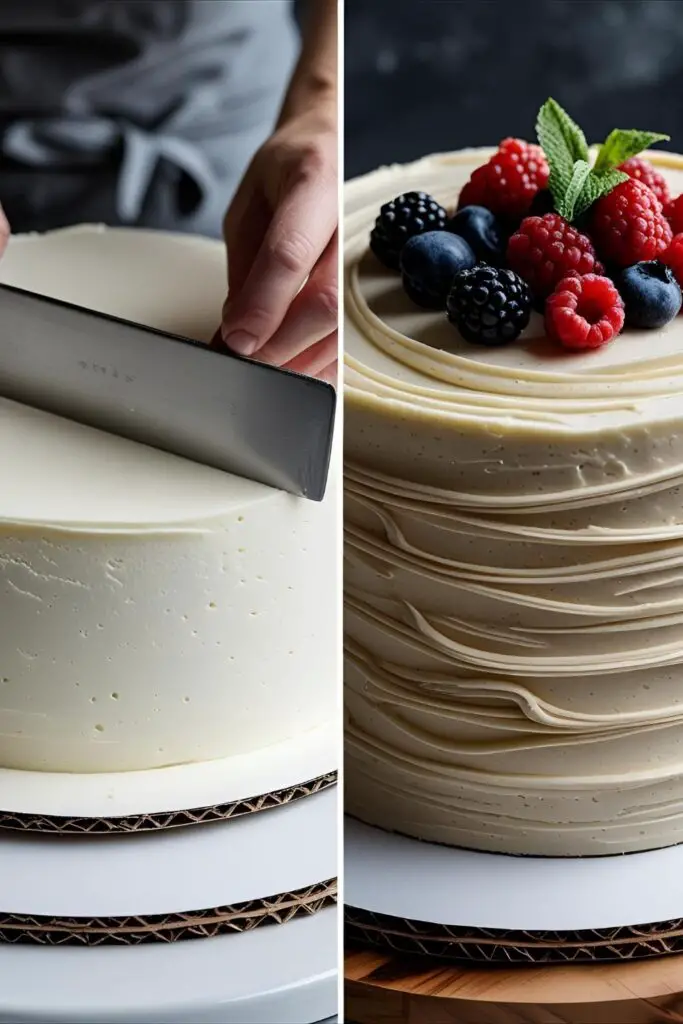 Two images showing the process of smoothing a cake with a bench scraper and a finished cake with a rustic buttercream design.