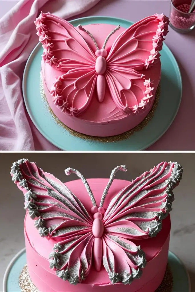 Decorative butterfly cake with piped colorful wings and sparkles