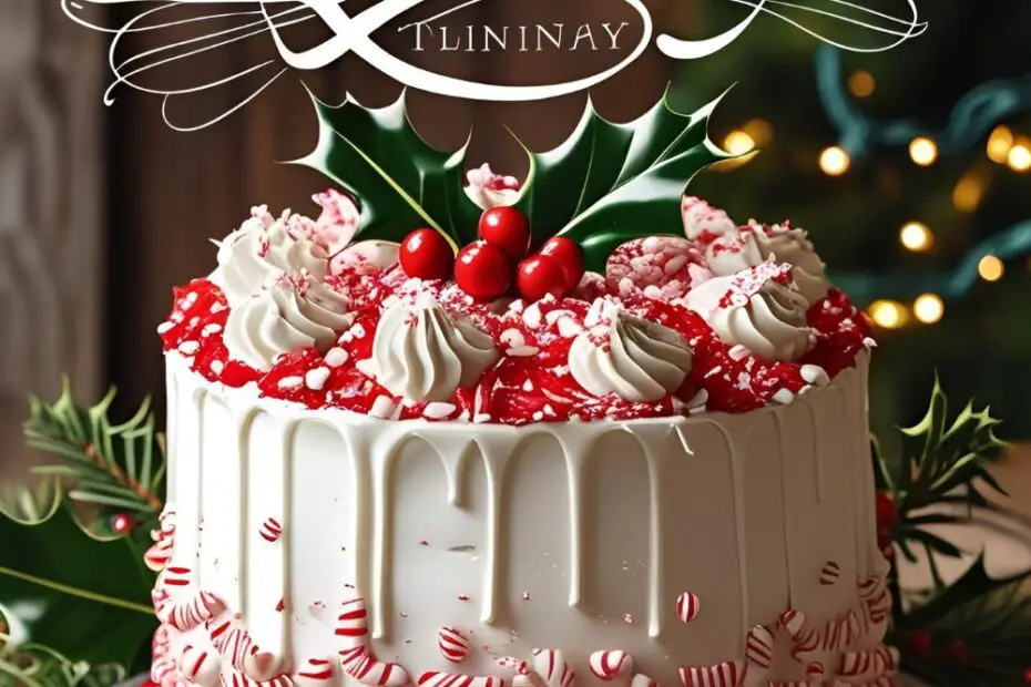 White Christmas cake with candy cane bits and holly topper