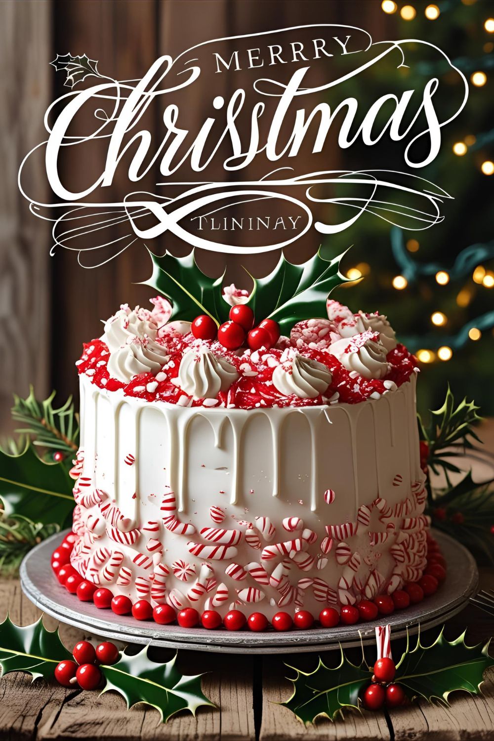 White Christmas cake with candy cane bits and holly topper