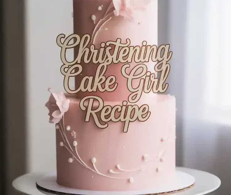 A beautiful pink and white christening cake for a girl with elegant piping and the text "Christening Cake Girl Recipe" overlaid.