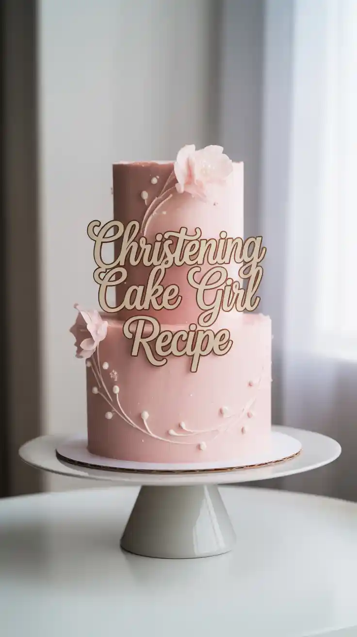 A beautiful pink and white christening cake for a girl with elegant piping and the text "Christening Cake Girl Recipe" overlaid.