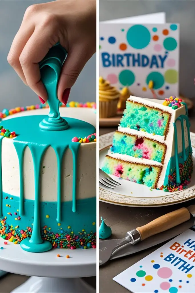 Two images showing the process of applying a drip and a styled slice of the finished birthday cake.