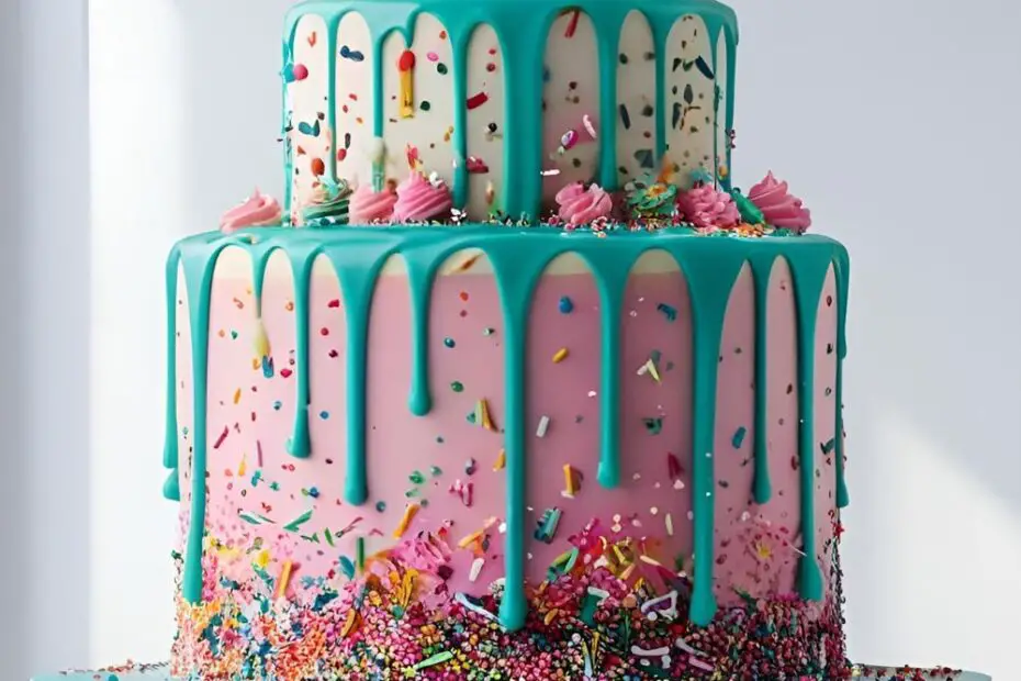 A colorful Funfetti drip cake with a text overlay that reads "Cakes Worthy of Happy Birthday Cake Pictures".