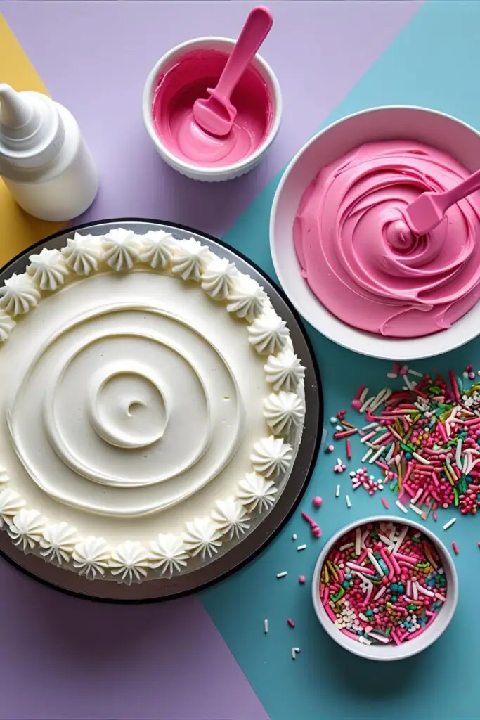 A collage of tools and ingredients for making a photogenic drip cake, including a smooth frosted cake and colorful ganache.