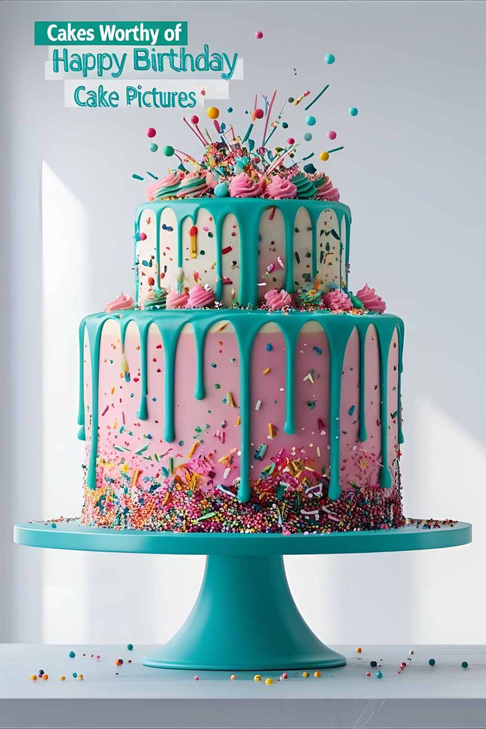 A colorful Funfetti drip cake with a text overlay that reads "Cakes Worthy of Happy Birthday Cake Pictures".