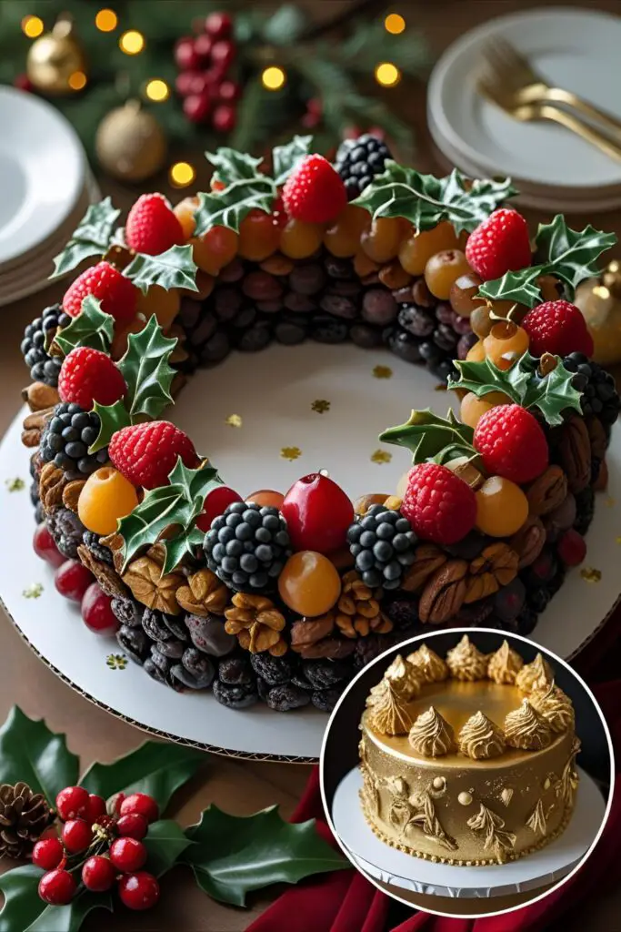 A finished fruit cake decorated with a rustic wreath, with a close-up inset showing another version decorated with edible gold leaf.
