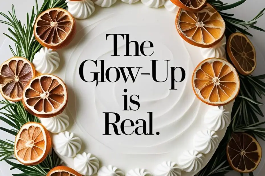 A modern, white fruit cake decorated with a wreath of dried orange slices and rosemary. Text overlay reads: "The Glow-Up is Real"