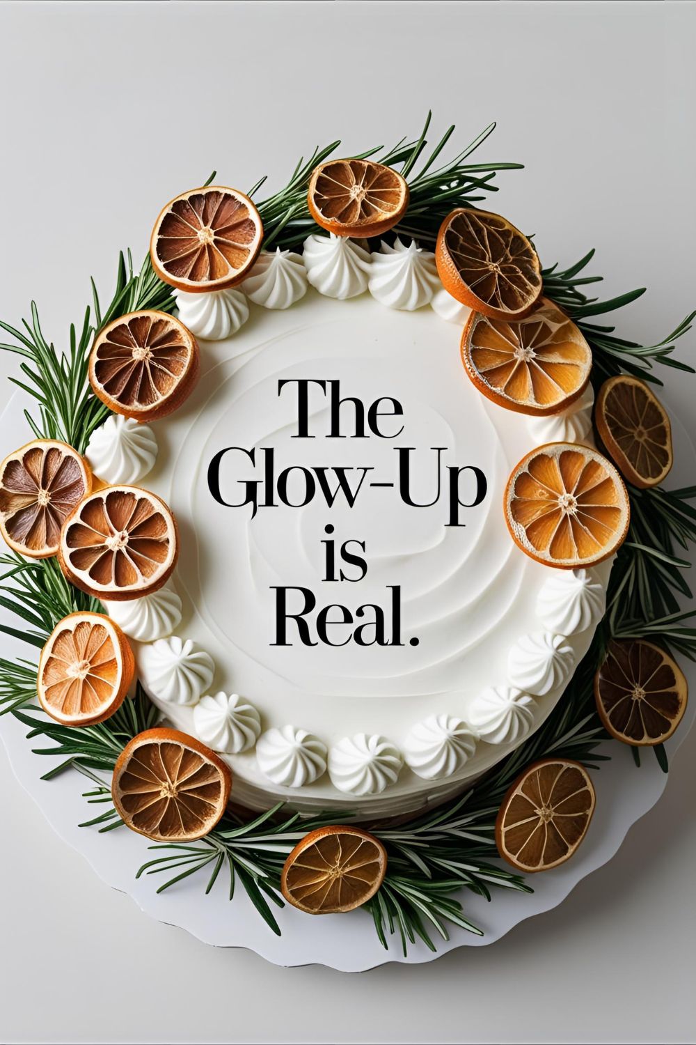 A modern, white fruit cake decorated with a wreath of dried orange slices and rosemary. Text overlay reads: "The Glow-Up is Real"