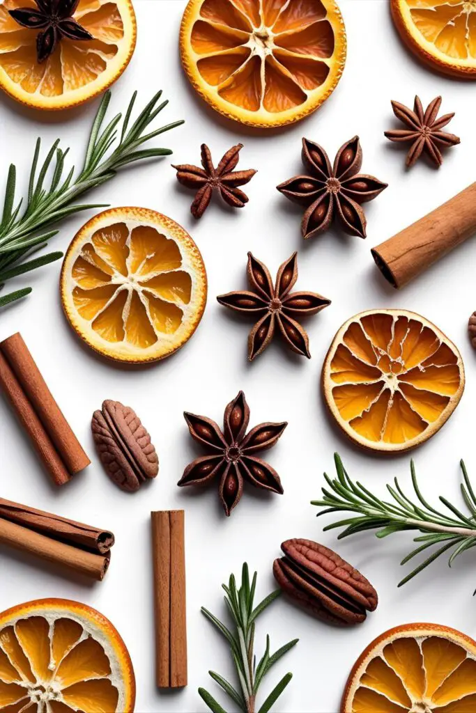 A flat-lay of natural fruit cake decorations, including dried orange slices, cinnamon sticks, star anise, and fresh rosemary.
