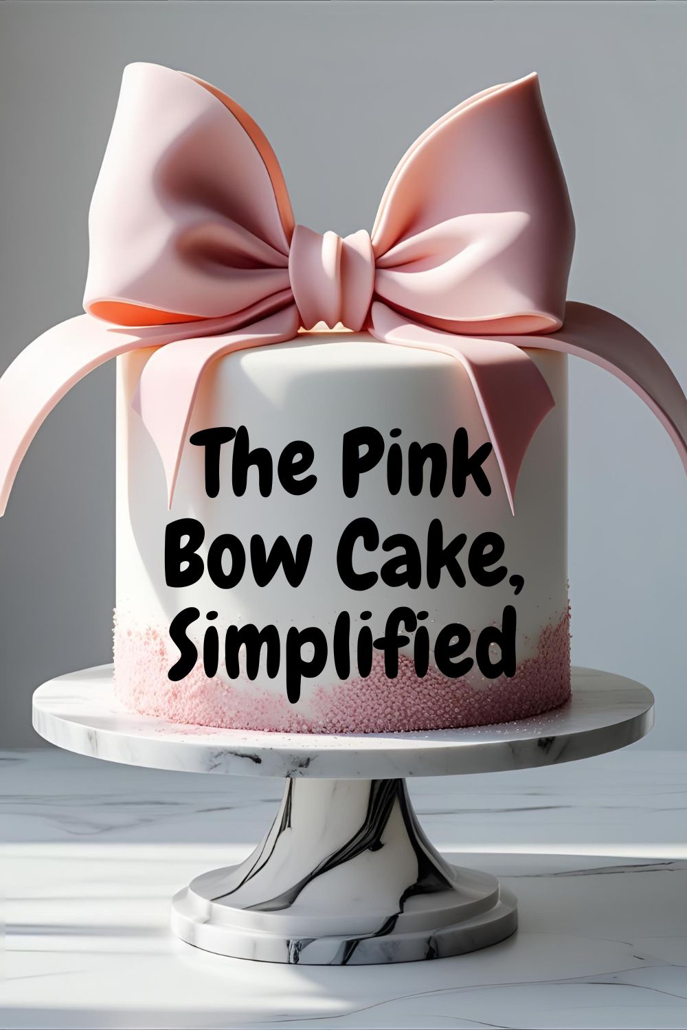 An elegant white cake topped with a large pink fondant bow, with the text overlay "The Pink Bow Cake, Simplified".