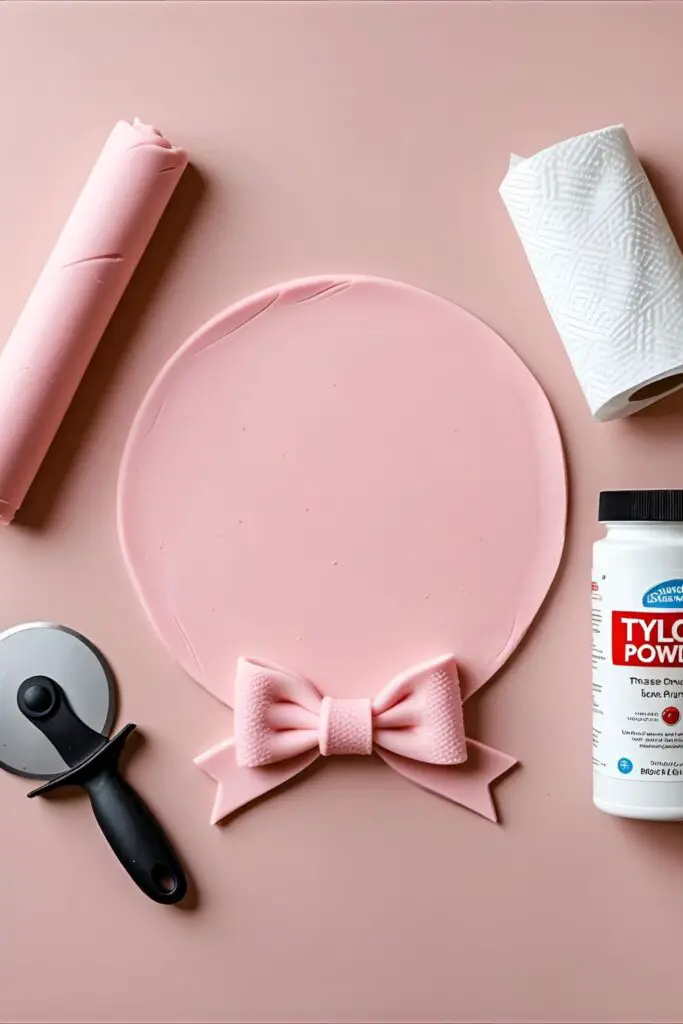 A collage of tools and steps for making a fondant bow, including pink fondant, a cutter, and Tylose powder.