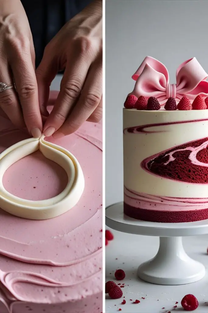 Two images showing the process of making a fondant bow and the finished pink bow cake with a matching raspberry swirl interior.