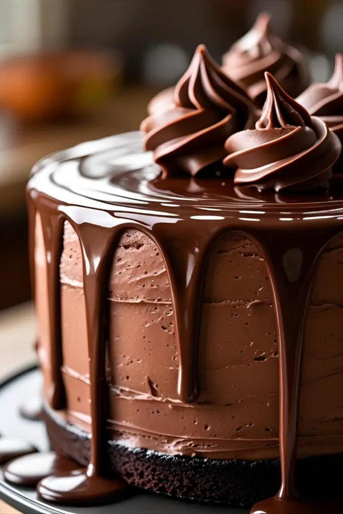 Three-tier chocolate cake showcasing ombre frosting, drip, and piped bloom accents
