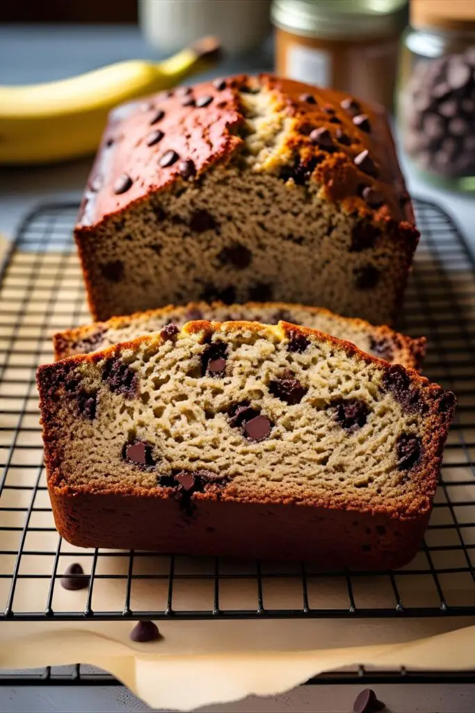 Whole sourdough banana bread loaf on cooling rack with slice removed