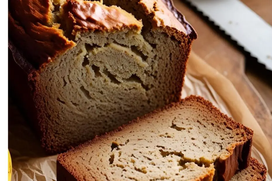 Sliced sourdough banana bread on board with starter jar