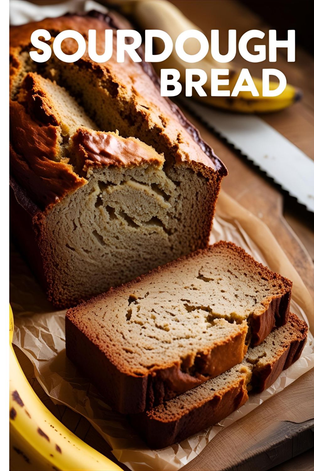 Sliced sourdough banana bread on board with starter jar