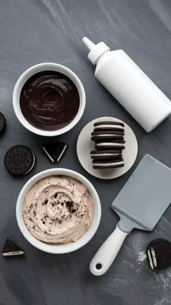A collage of ingredients and tools for making an Oreo drip cake, including ganache, cookies, and frosting.