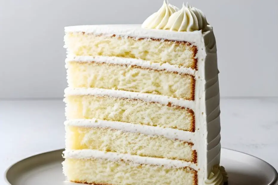 A perfect slice of a three-layer white birthday cake with white buttercream frosting on a plate. Text overlay reads: "The Best White Birthday Cake".